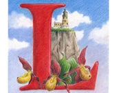 Letter L monogram with a lighthouse, red and yellow lady slippers, and ladybugs with blue sky - Art Reproduction (Print) - "L is for LeeAnn"