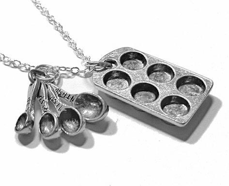 Cupcake Pan and Measuring Spoon Charm Necklace - cute miniature food muffin tin pendant for bakers