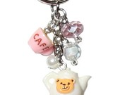 Teapot and cup keychain - Teddy Bear Picnic pink and white cute, kawaii keyring, lolita miniature food