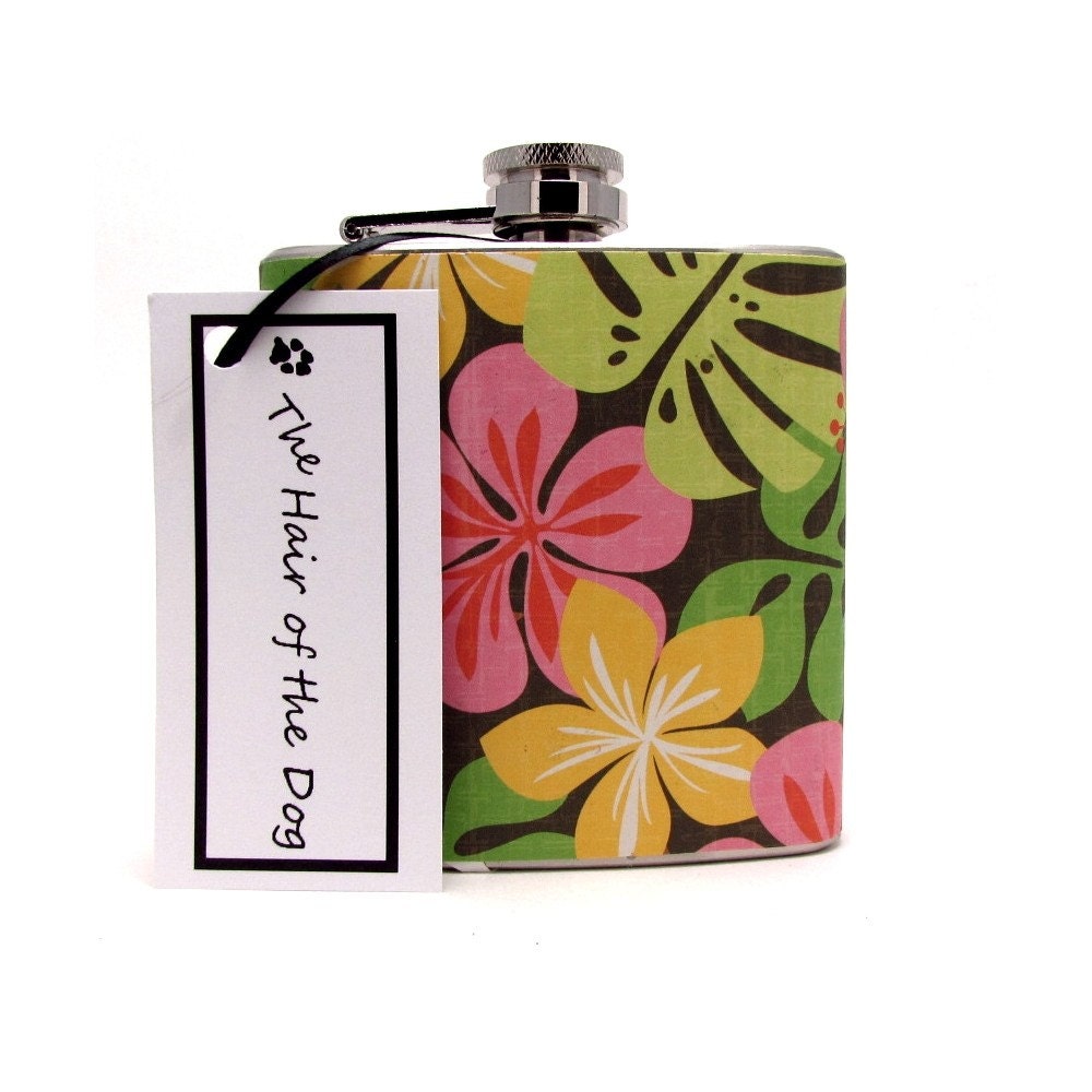 Tropical Flowers 6 or 8 oz Liquor Flask with Funnel and Tote Bag Destination Wedding Bridesmaids