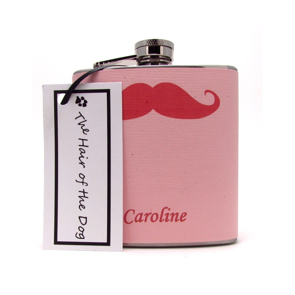 Hot Pink Girly Mustache Flask  6 or 8 oz with Funnel and Tote Bag