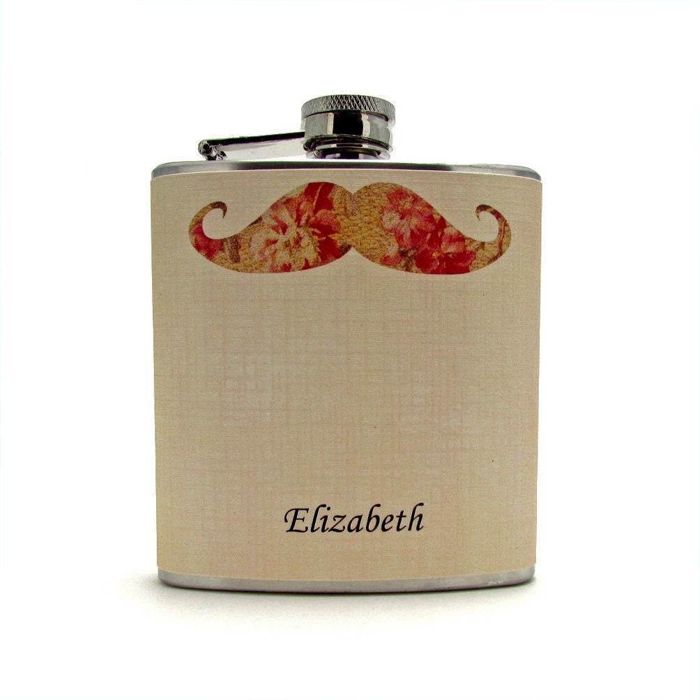 Mirabelle Floral Mustache Flask Birthday Party Bridesmaid Gift Bridal Party 6oz or 8oz