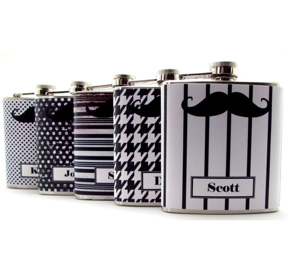 Mustache Flasks for Groomsmen Best Man Set of 5 Black and White  Hip Flasks 6oz or 8oz Wedding Favors