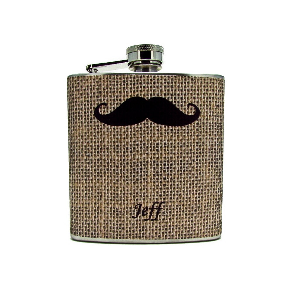 Personalized Brown Mustache Flask on Faux Burlap 6 or 8 oz with Funnel and Tote Bag Groomsman