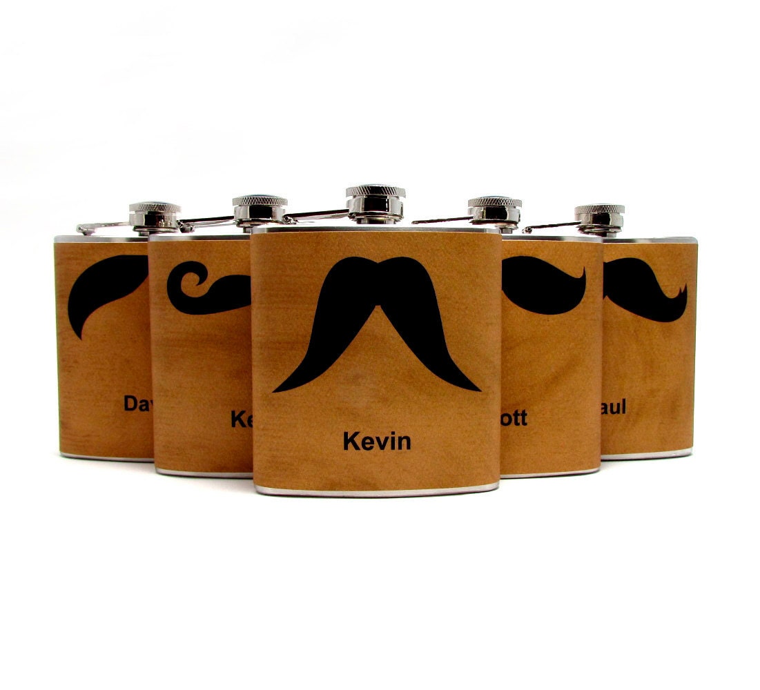 Personalized Mustache Flasks for Groomsmen  Best Man Wedding Party Set of 5 Dark Gold 6 or 8 oz