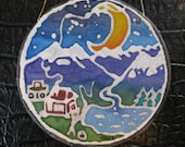 Handpainted Silk Hoop Windowhanging Wallhanging "Night Sky and Mountain Lake"