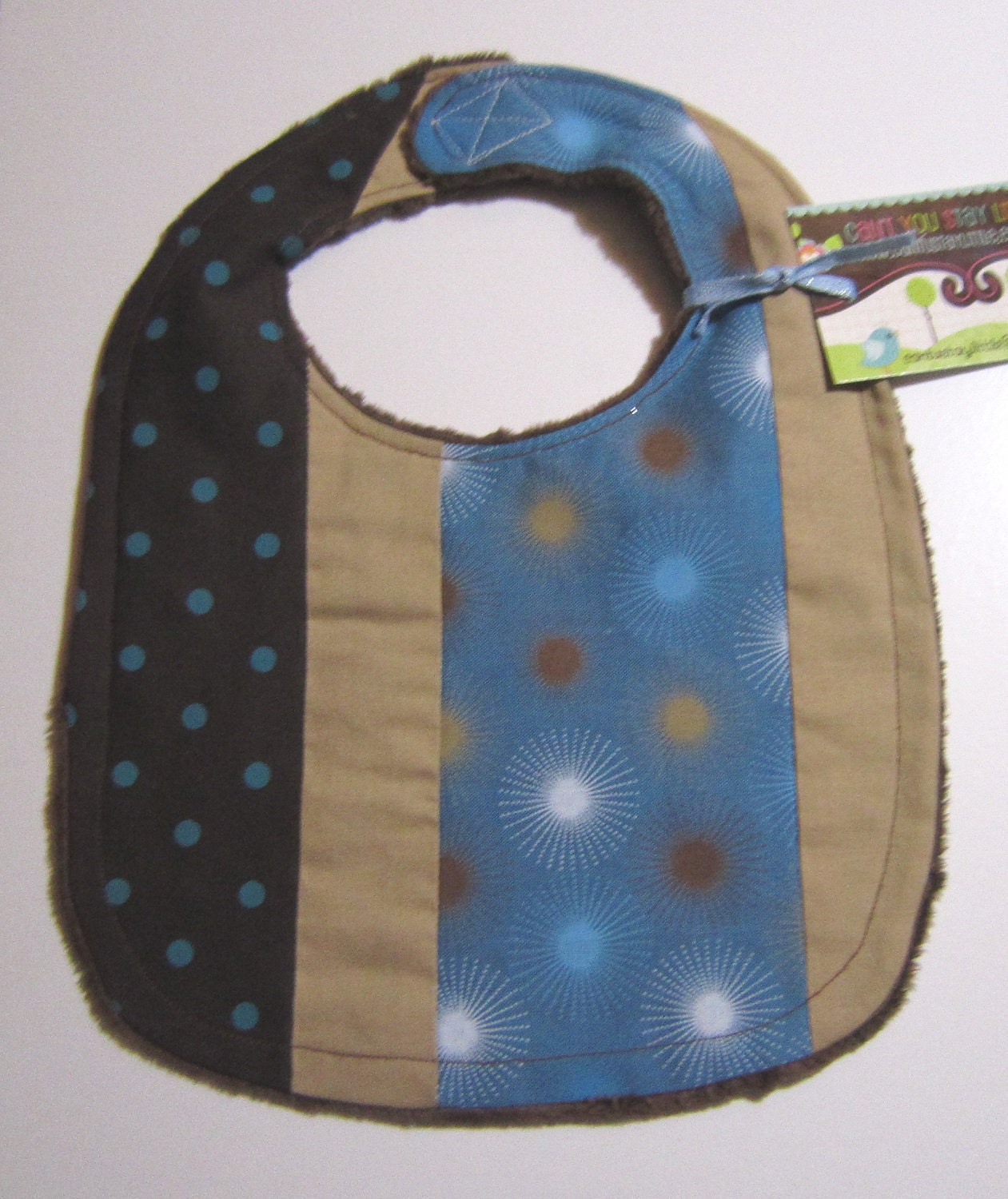 CLEARANCE - Baby Bib - Brown, Tan and Blue on Brown Minky