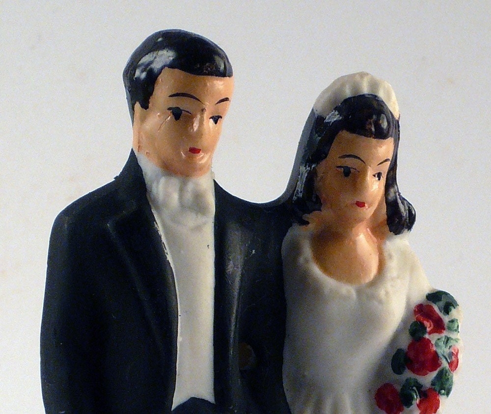 RESERVED FOR MISSIMAH-- Vintage Chalk Bride & Goom Wedding Cake Topper