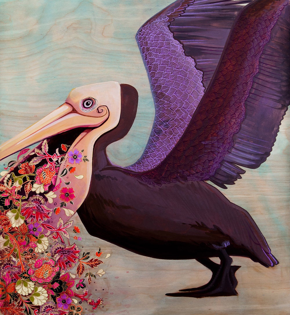 Art print, purple pelican spewing bouquet of flowers, collaged onto stained birch wood