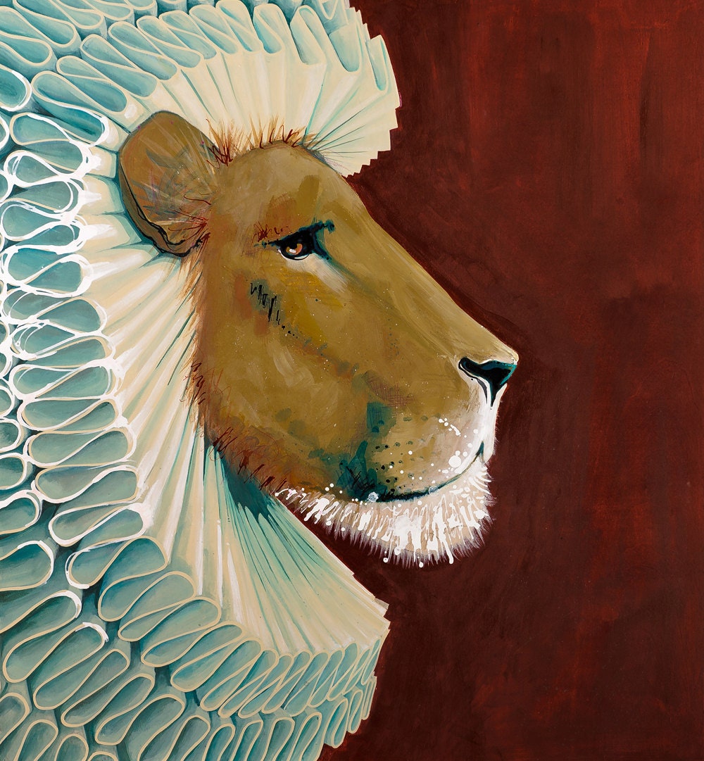 Art print, royal lion with a vintage ecru ruffled collar as mane on red background