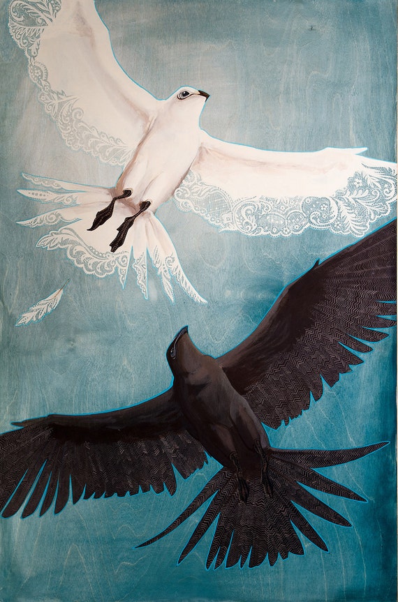 Items similar to art print, two birds in flight, white lace and brown