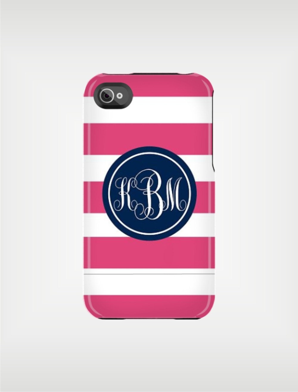 Monogrammed Graduation Gift iPhone 5 Case 4 / 4S or 3G or Samsung - Pink Beach Stripe Navy Monogram