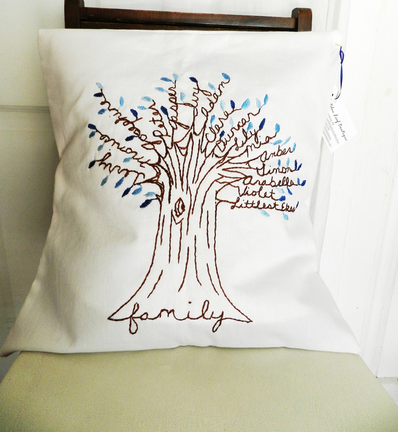 Personalized Family Tree Pillow Cover. Shades of BLUE on White Linen.  16 inch. Mothers Day Gift.