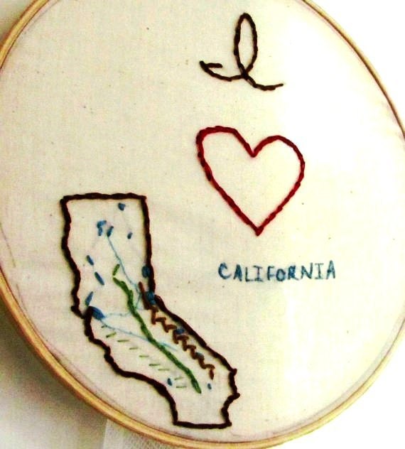 I Love California. 7 inch. Embroidery Hoop Wall Art. Map Art.  Graduation Gift.