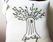 Personalized Family Tree Pillow Cover. Mothers Day 2013. White Linen with Shades of GREEN Leaves.  16 inch.