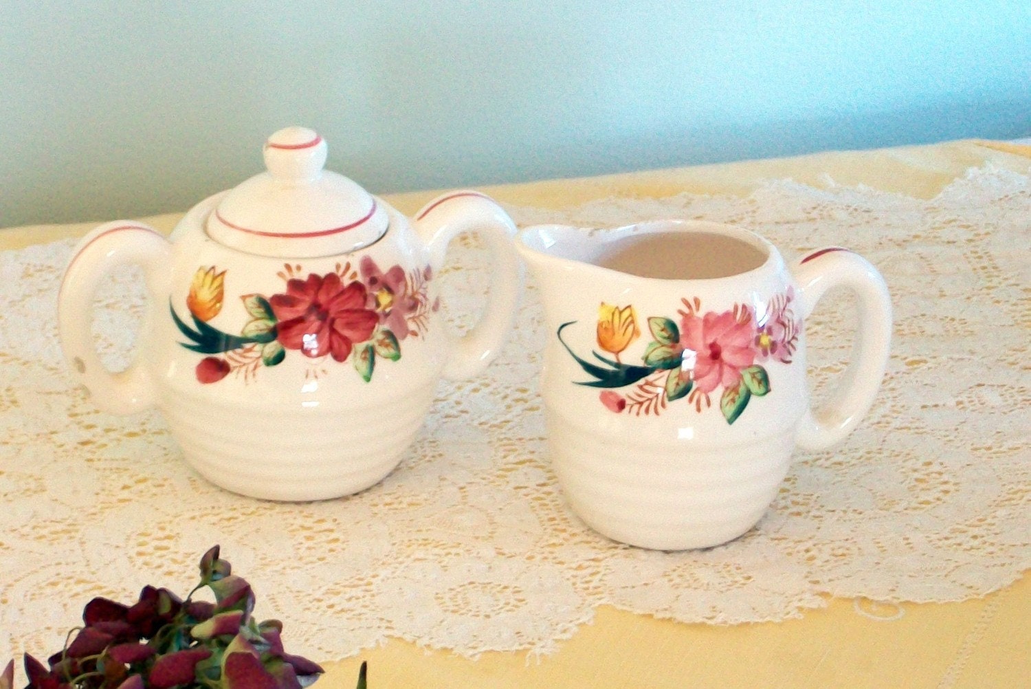 Floral Sugar and Creamer Set / Vintage Ceramic Cream and Sugar Bowl