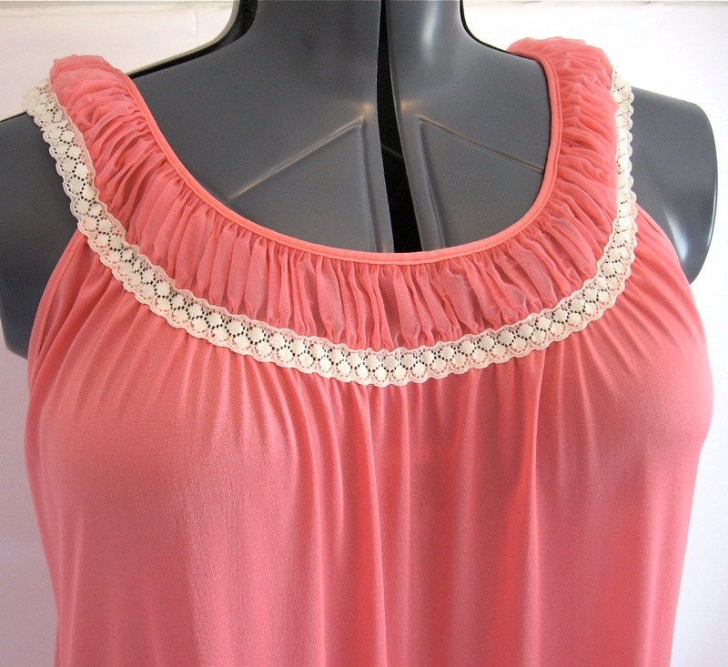 50B, plus size, nightie nightgown, coral salmon pink with lace and shirred trim, nylon tricot, vintage 1970s