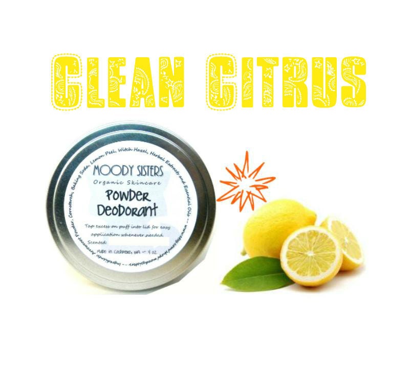 CLEAN CITRUS Powder Deodorant-- Organic and Vegan-- Paraben and Aluminum Free-- 4 oz tin jar with powder puff applicator