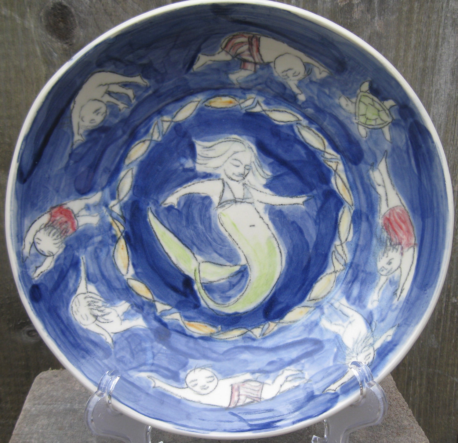Large Mermaid Bowl with Fish and Happy Swimmers