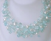 Wedding Necklace Aquamarine blue Wire Wrapped Spring Gift OOAK Pearls Tiered Sterling Silver