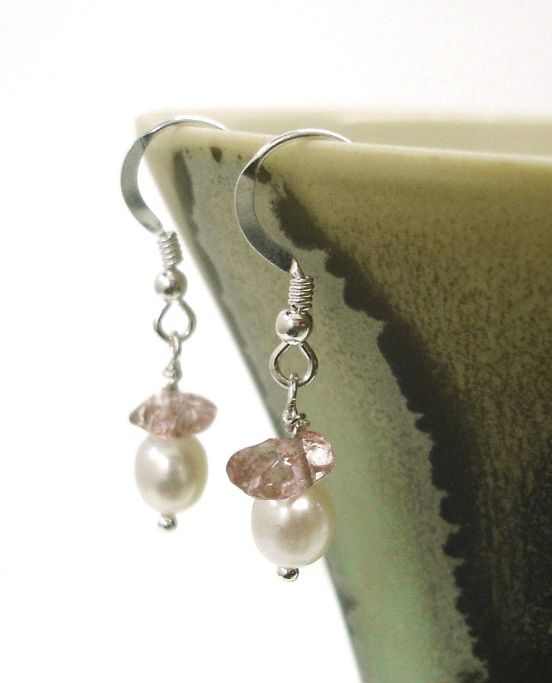 Small Bridal Pink Pastel Spring Fashion Wedding accessories bridesmaids bridal Sterling Silver Earrings Pink Quartz Crystals White Pearls