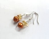 Golden Pearl bridesmaid jewelry, pearl bridesmaid earrings, maid of honor, Yellow Fashion, Sterling Silver Earrings Citrine Chips