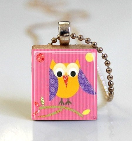 Owl Jewelry Cute Patchwork Owl Scrabble Tile Pendant with Ball Chain Necklace Included (ITEM S132)