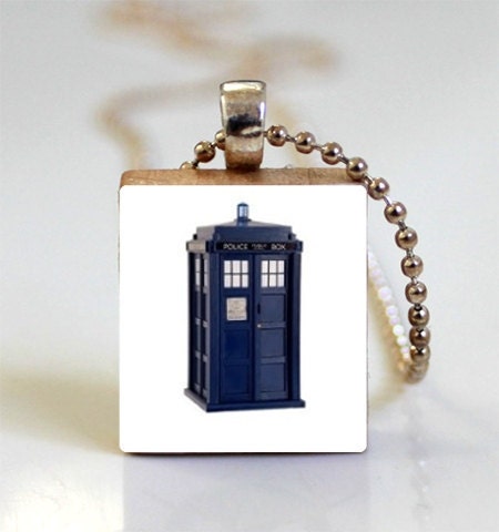 Doctor Who Necklace Tardis Blue Police Box Scrabble Tile Pendant with Ball Chain Included (ITEM S543)