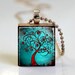 Dark Red Swirly Tree on Teal Background Scrabble Tile Pendant - Ball Chain Necklace Included (ITEM S766)