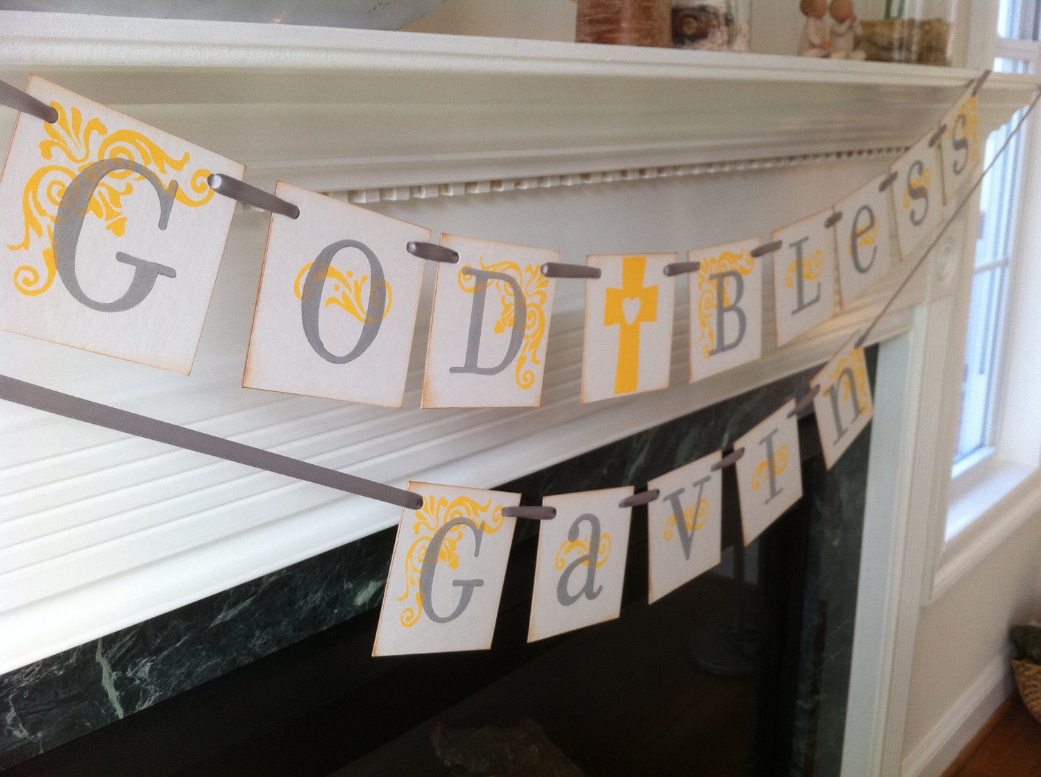 God Bless With Your Childs Name Double Garland Baptism Banner / Baby Shower / Christening / First Communion / Custom Colors Welcome