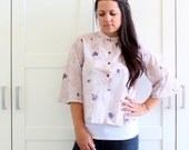 SALE - Vintage Floral Print Henley Top, Purple Sheer Blouse with Bell Sleeves Hippie Boho Bohemian Womens Blouse, size Medium