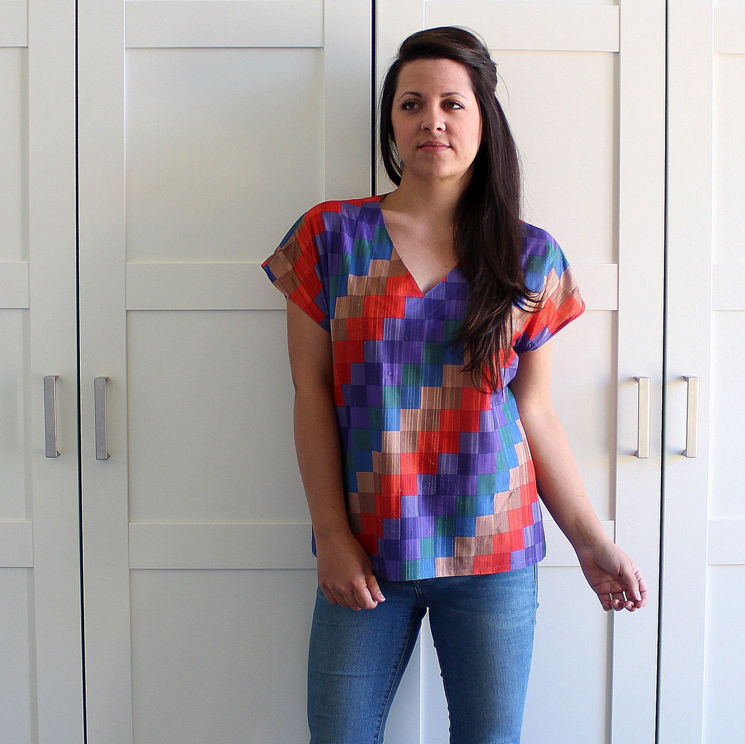 SALE - Vintage Colorblock 70s Tshirt, Bright Colorful Color Block Rainbow Blouse, Womens Tshirt, Vintage T Shirt, size Medium