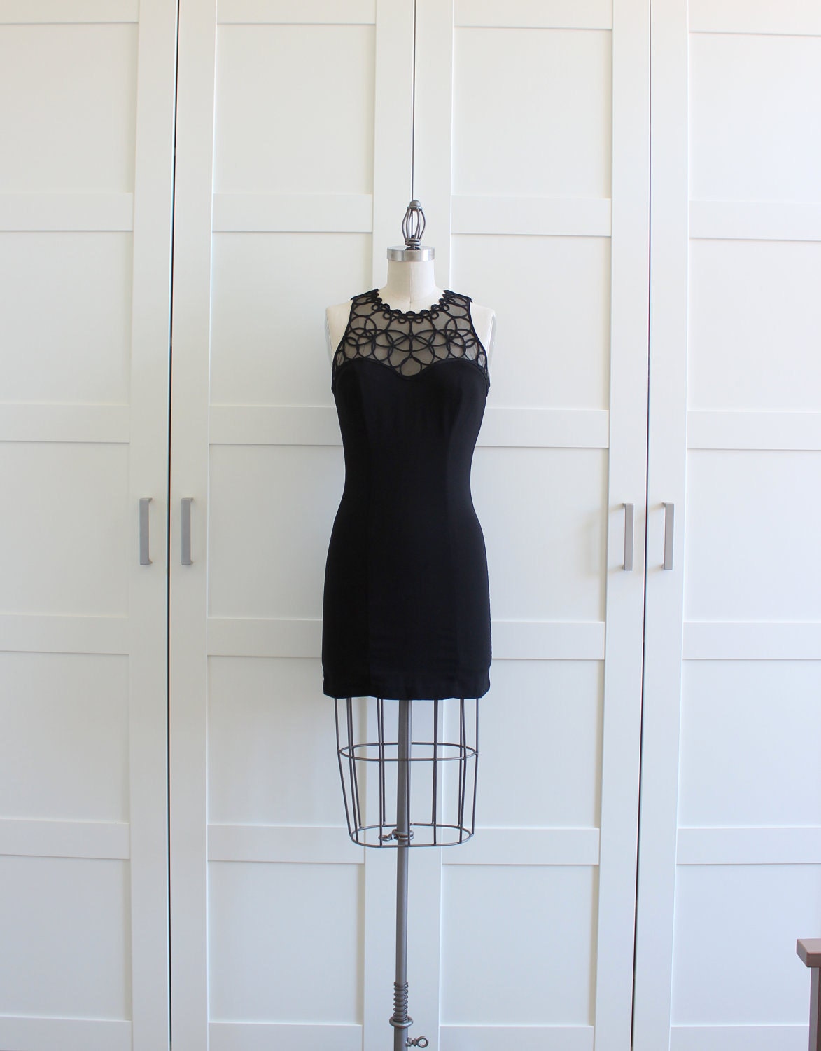 80s 90s Black Bodycon Dress, Sleeveless Sheer Dress LBD, size XS Small