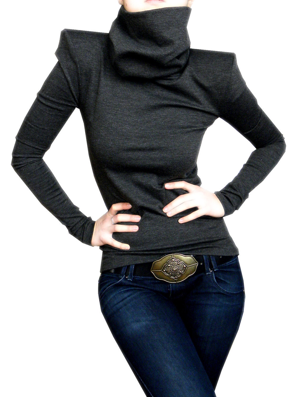 tricot blouse with power shoulder ( black, red, purple, white, turquoise, burgundy)