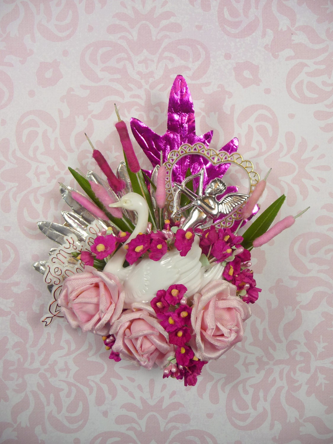 SALE Valentine's Day Decoration Corsage Vintage Swan Sea of Love Cupid Pink Roses