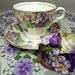 RESERVED FOR MARGARET Vintage Purple Teacup & Saucer with Hankie and Velvet Posies Tussie Mussie Corsage Pin Gift Set