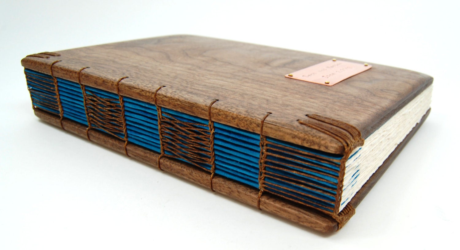 wedding guest book with black walnut wood covers - custom fall wedding  personalized brown blue- made to order