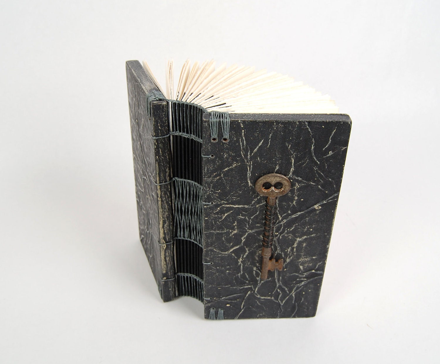 handmade journal with vintage skeleton key- wood book black steampunk gothic victorian halloween - ready to ship
