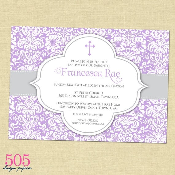 Baptism Invitation Damask Design - Printable File by 505 Design Il_570xn