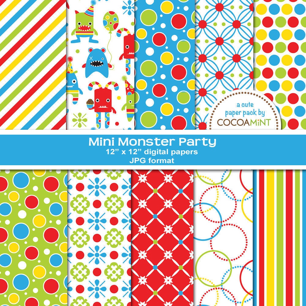 Mini Monster Party Digital Paper Pack Il_570xn