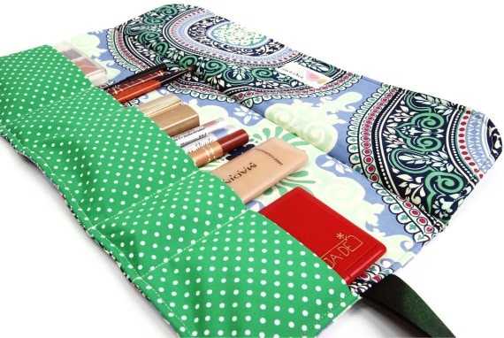 Make up case / Makeup roll in Blue and Green, Makeup bag organizer, five pockets