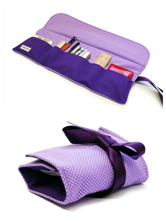 Make up bag organizer in purple dot, Makeup roll, Cosmetics holder, five pockets Makeup bag