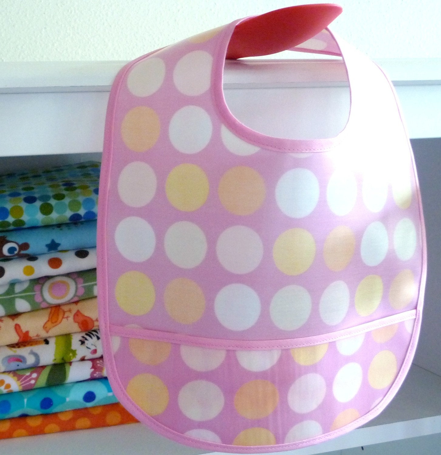 Pink Polka Dot Waterproof Bib with Pocket