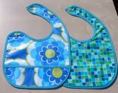 Blue and Green Waterproof Laminated Cotton and Flannel Bib with Pocket