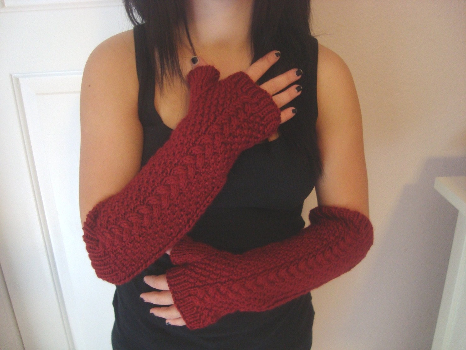 Long Hand Knitted Fingerless Gloves - Cable Knit Arm Warmers - Red Gloves - Winter Fashion - Mothers Day Gift