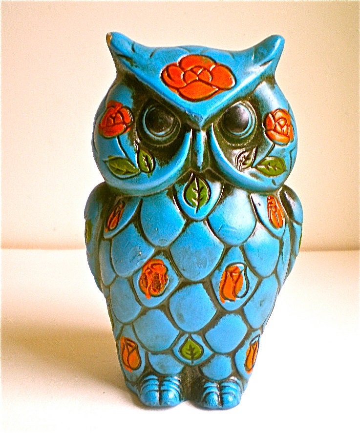 Vintage Owls, Bank, Blue, Groovy, Retro, 1960s, Fun, Paper Mache, retro, Listing for 1 owl