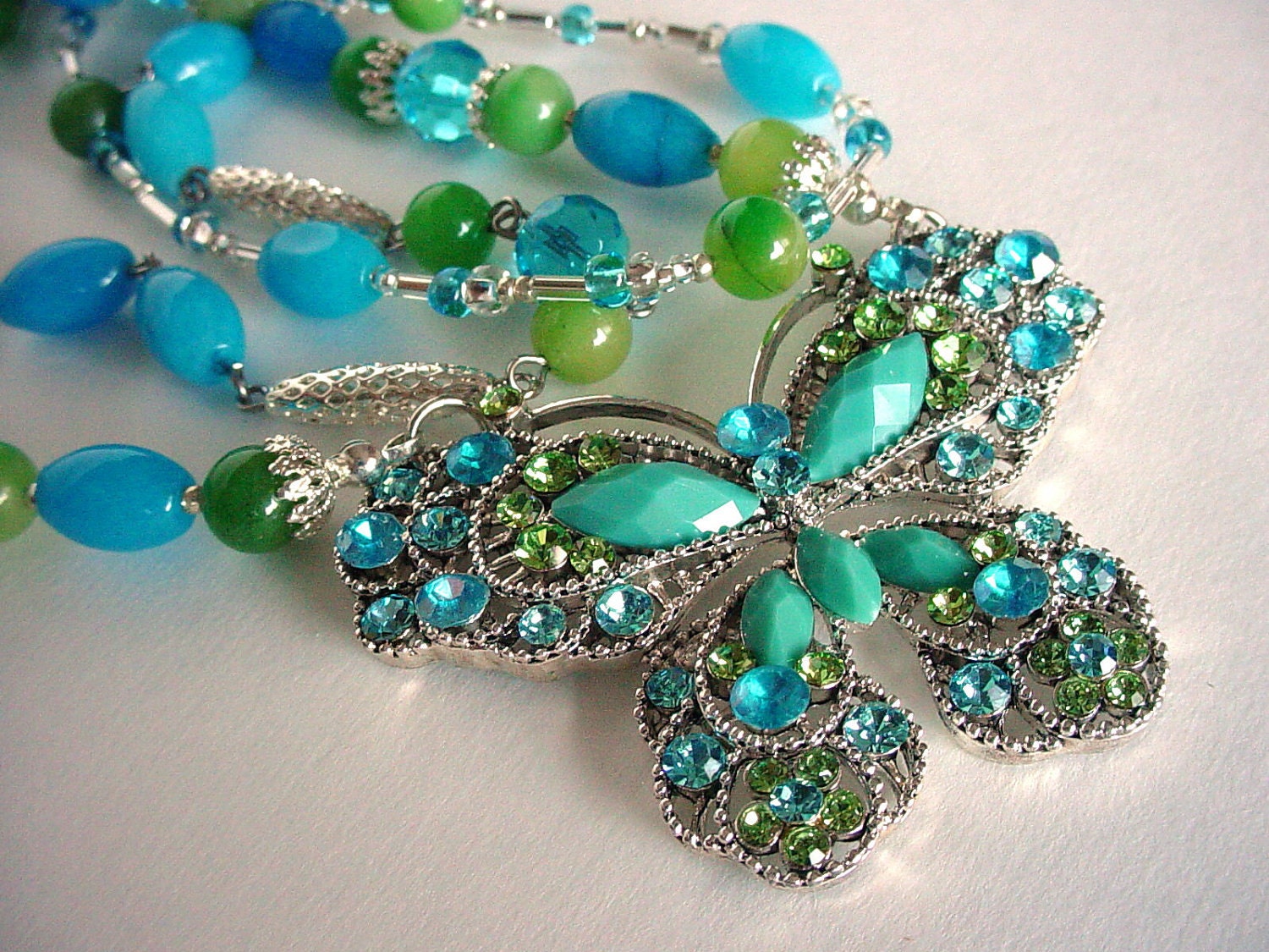 Beaded Statement Necklace, Multi Strand, Gemstones, Blue and Green Jade, Repurposed Vintage Butterfly Brooch