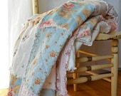 Shabby Chic Rag Quilt, Cottage Chic, blue, pink & yellow with ivory colored backing.
