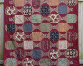 Tuscany Inspired Twin Size Bed Quilt, blue, green, rust, red, sage, olive, & brown with rust colored backing.