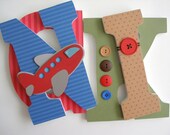 Custom Decorated Wooden Letters - TAN, RED, BLUE and Green Theme- Nursery Bedroom Home Décor, Wall Decorations, Wood Letters, Personalized